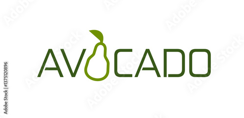 Avocado text icon for organic vegetable food market or vegetarian store, vector emblem. Creative modern design of avocado line silhouette with green text for vegan cuisine restaurant or smoothie bar