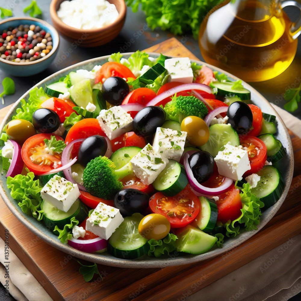 Tangy zesty Greek salad with feta cheese and olives A fresh Gree Tangy zesty Greek salad with feta cheese and olives A fresh Gree