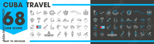 Cuba travel and landmark line icons. Vector Havana capitol building, flag, map and coat of arms, cuban cigar, rum and tobacco. Cuba guitar, beach palm, parrot, sugarcane and Columbus boat outline sign