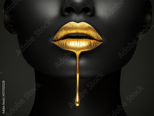 Close-up of luxurious golden lips with metallic gold drip on matte black skin in bold beauty and fashion surreal photography