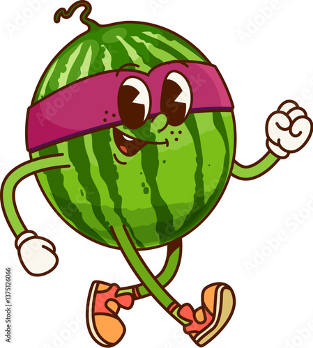 Cartoon groovy watermelon fruit superhero character. Vector super hero personage in mask cheerfully walking with funky y2k vibe. Cheerful fairytale healthy food, brave plant defender retro personage
