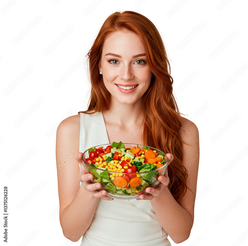 Happy woman holds a bowl of fresh salad Happy woman holds a bowl of fresh salad