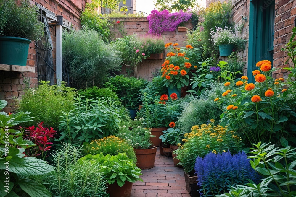 Fototapeta premium Lively Urban Herb Garden with Colorful Flowers in Bright Daylight
