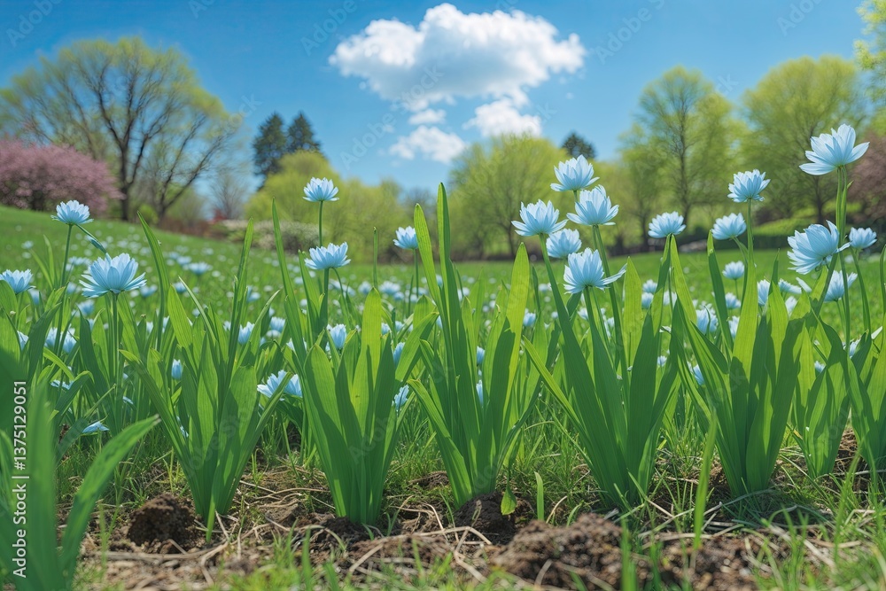 Fototapeta premium Vibrant Spring Garden Backdrop Featuring Lush Green Grass and Clear Blue Sky