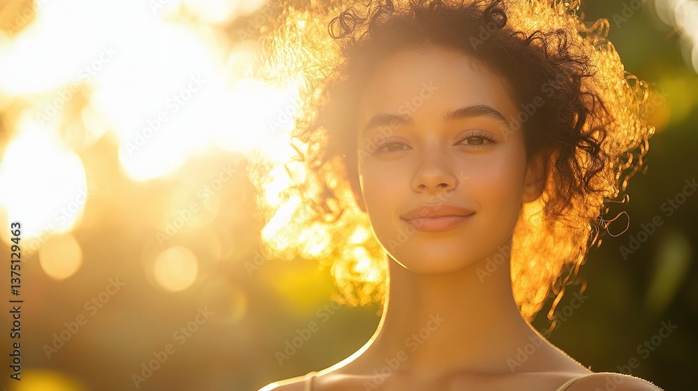 Fototapeta premium Golden Hour Portrait of Woman with Sun-Kissed Skin and Natural Beauty