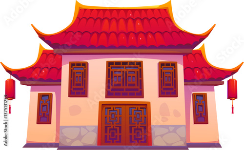 Chinese building and China architecture house, ancient temple or pagoda, cartoon vector. Chinese building or oriental traditional house and pagoda shrine or town gate in Asian style or Beijing palace