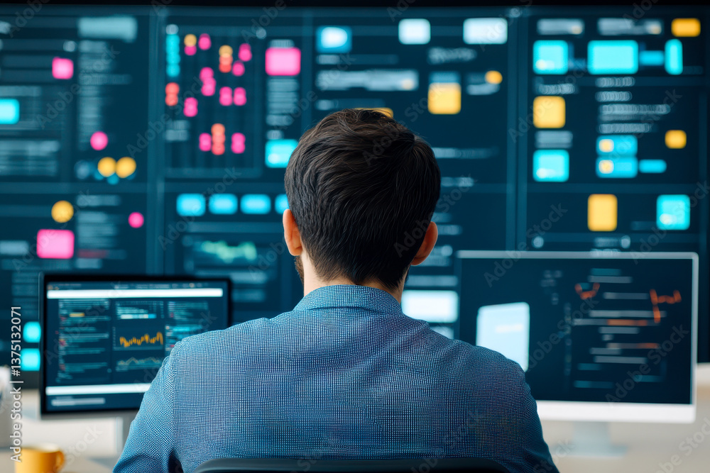 A person analyzes data on multiple screens filled with graphs and colorful metrics in a tech-driven workspace. A person analyzes data on multiple screens filled with graphs and colorful metrics in a tech-driven workspace.