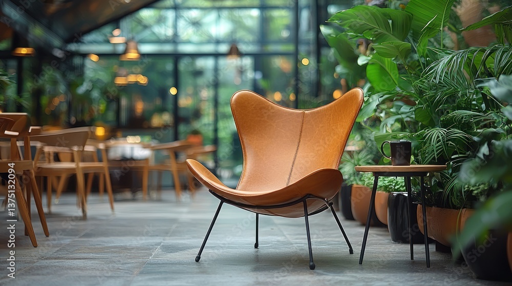 Fototapeta premium Relaxing in a Leather Chair at a Lush Indoor Garden Cafe