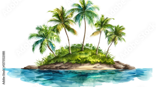 Tropical Paradise Watercolor Illustration  A serene watercolor painting of a tropical island  complete with lush green palm trees and crystal-clear blue water.