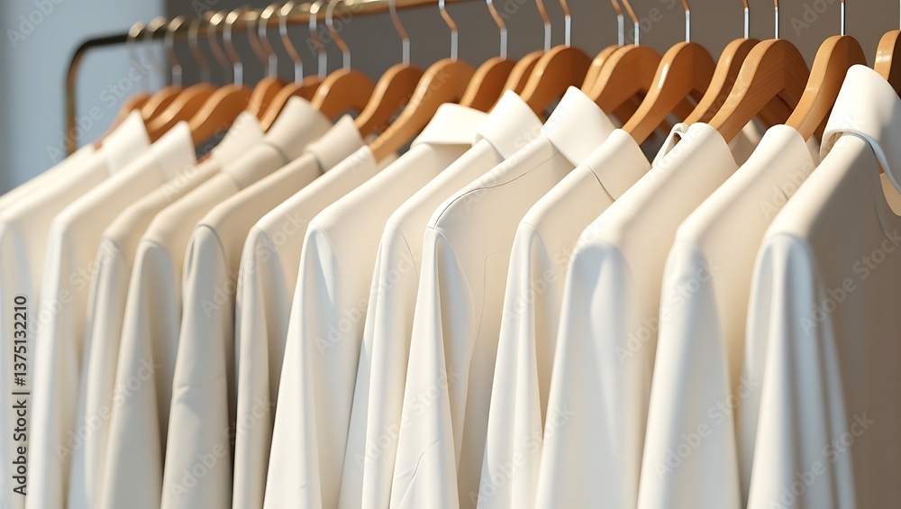 Obraz premium Elegant cream blouses hang on wooden hangers soft light illuminating their smooth texture in a