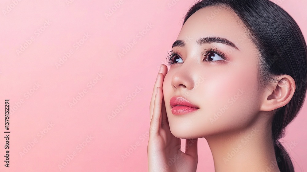 Beautiful Young Asian Woman with Clean Skin on Soft Pink Background Beautiful Young Asian Woman with Clean Skin on Soft Pink Background