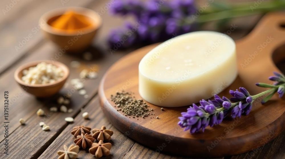 Aromatic Natural Soap Bar with Dried Herbs and Spices on Wooden Board Aromatic Natural Soap Bar with Dried Herbs and Spices on Wooden Board