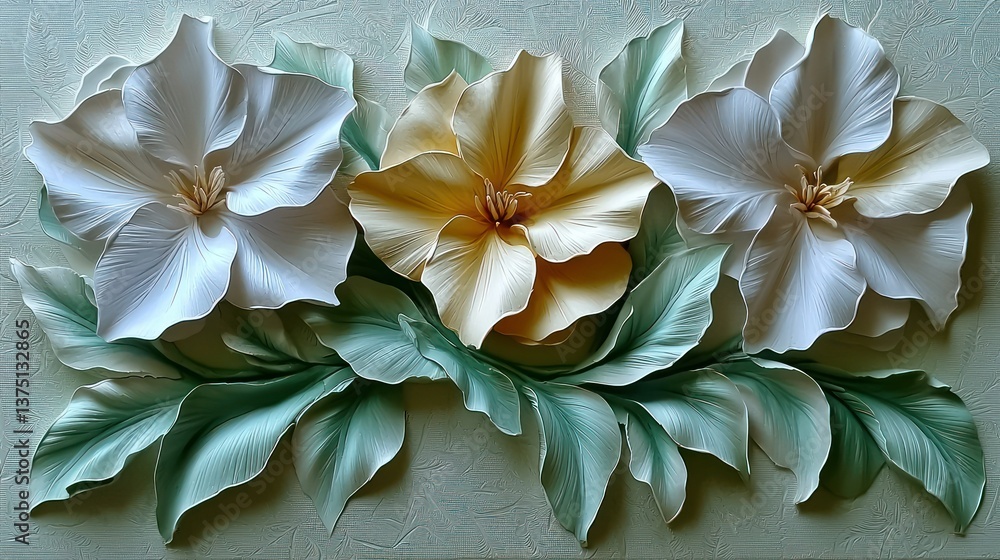 Fototapeta premium Elegant 3D Floral Arrangement: Delicate White and Yellow Flowers