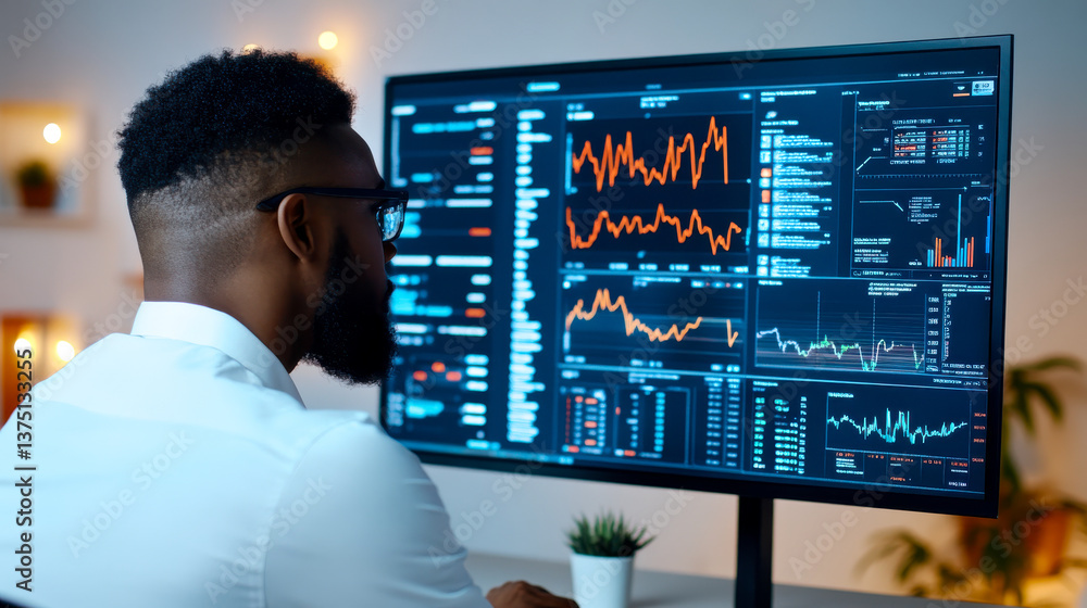 A focused individual analyzes financial data on a modern monitor, showcasing colorful graphs and statistics in a contemporary workspace. A focused individual analyzes financial data on a modern monitor, showcasing colorful graphs and statistics in a contemporary workspace.