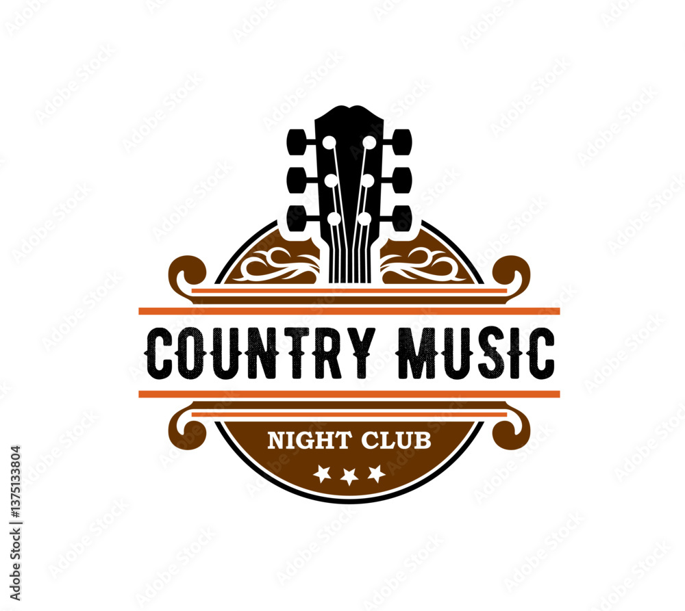 Obraz premium Country music icon with guitar for night club concert or bar band, vector emblem. Country music festival emblem for Western cowboy or American saloon nightclub and music studio badge