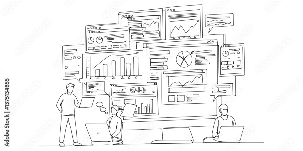 Obraz premium large monitor with tabs displaying graphs, chats, and a group of people looking at them continuous single line art drawing sketch on white background