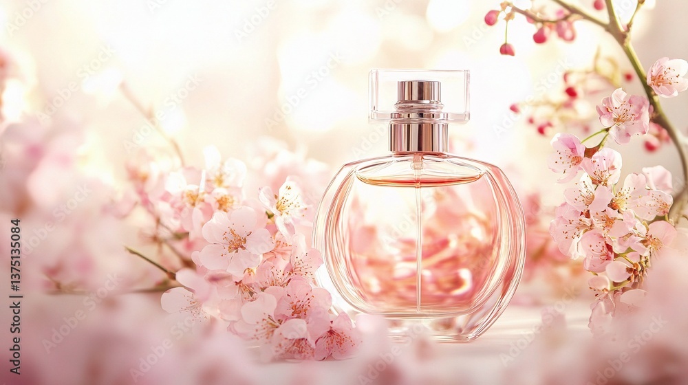 Elegant Perfume Bottle Surrounded by Soft Pink Flowers in Bloom Elegant Perfume Bottle Surrounded by Soft Pink Flowers in Bloom