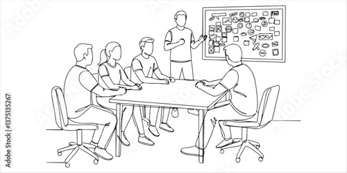  people sitting at a table with a man standing in front of them next to a board with stickers continuous single line art drawing sketch on white background