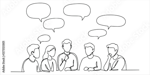 people talking to each other with bubbles over their heads continuous single line art drawing sketch on white background