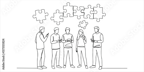 people standing and talking to each other with puzzle pieces above their heads continuous single line art drawing sketch on white background
