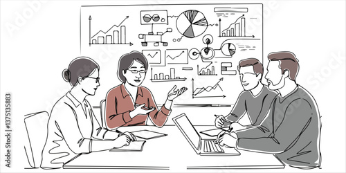people leading a discussion at a table near a whiteboard with charts and graphs continuous single line art drawing sketch on white background