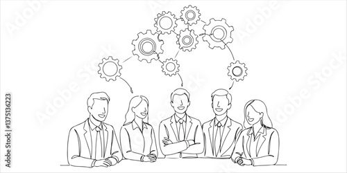 smiling people in business outfits with gears on top talking to each other continuous single line art drawing sketch on white background