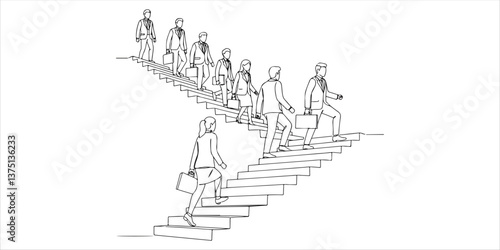 people in business outfits walking up the steps following a leader looking ahead continuous single line art drawing sketch on white background