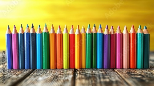 A vibrant yellow surface, a flat canvas for the colorful tools of a new school year, awaiting the inscription of fresh beginnings. Above, a window into a classroom's creative spirit, where pencils, 