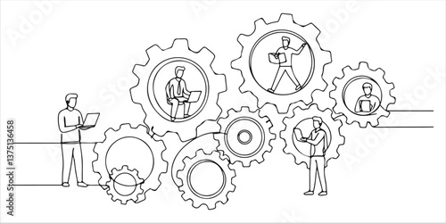 people establishing a work process in the form of gears continuous single line art drawing sketch on white background
