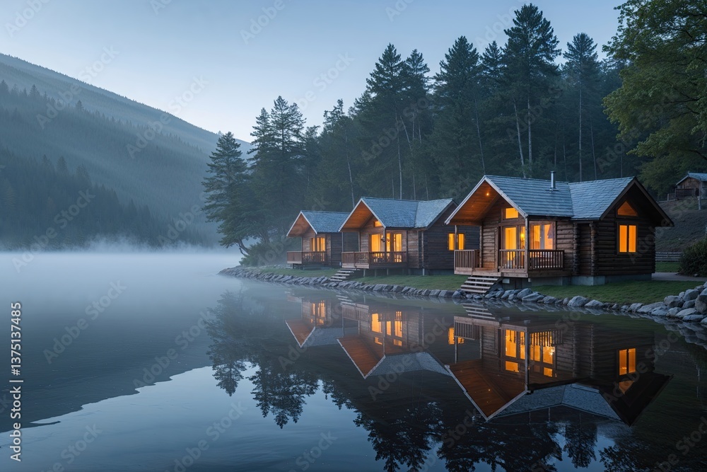 Fototapeta premium Lakeside Getaway with Cozy Wooden Cabins and Morning Mist Over Serene Water