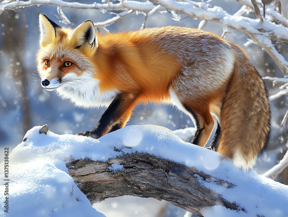 Obraz premium Red Fox Standing on Snowy Log in Winter Wonderland Scene
