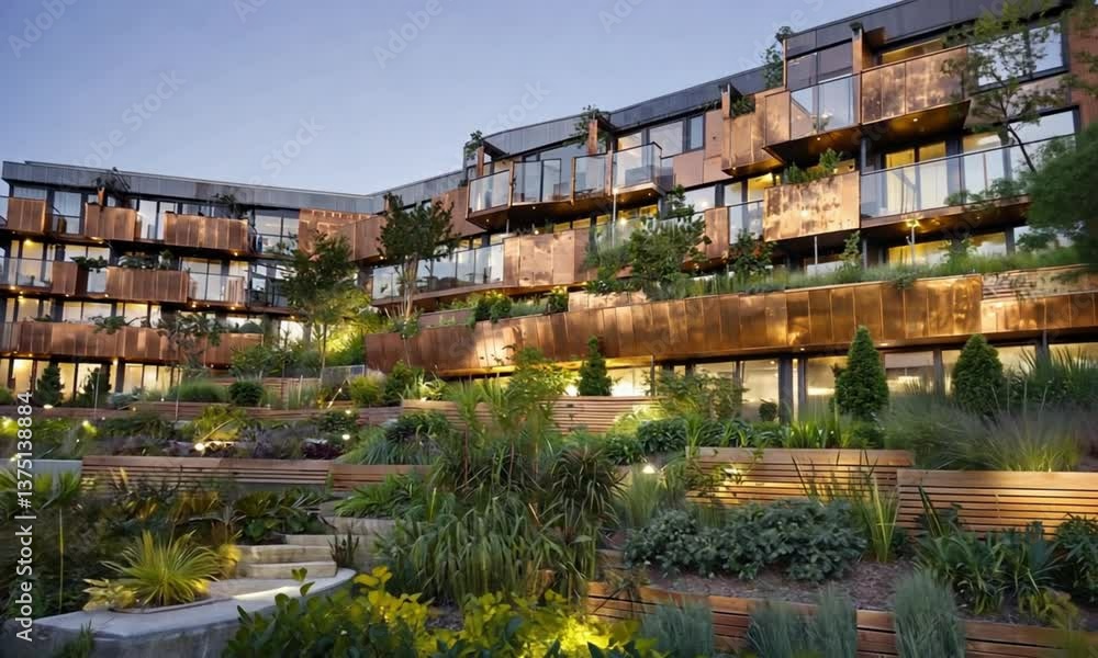 A modern eco-friendly residential complex with lush greenery, symbolizing sustainable living, architecture, and urban development. A modern eco-friendly residential complex with lush greenery, symbolizing sustainable living, architecture, and urban development.