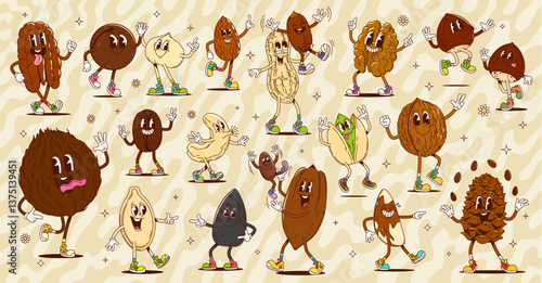 Cartoon groovy nut and seed characters, vector healthy food. Funny hippie peanut, pecan and pine nut vector personages playing with seeds. Groovy almond, walnut, hazelnut and pistachio characters