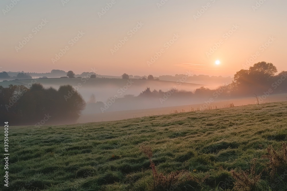 Obraz premium A tranquil countryside scene with soft fog lifting over rolling hills, revealing a vibrant sunrise in the distance, A peaceful countryside scene with fog slowly lifting as the sun begins to rise