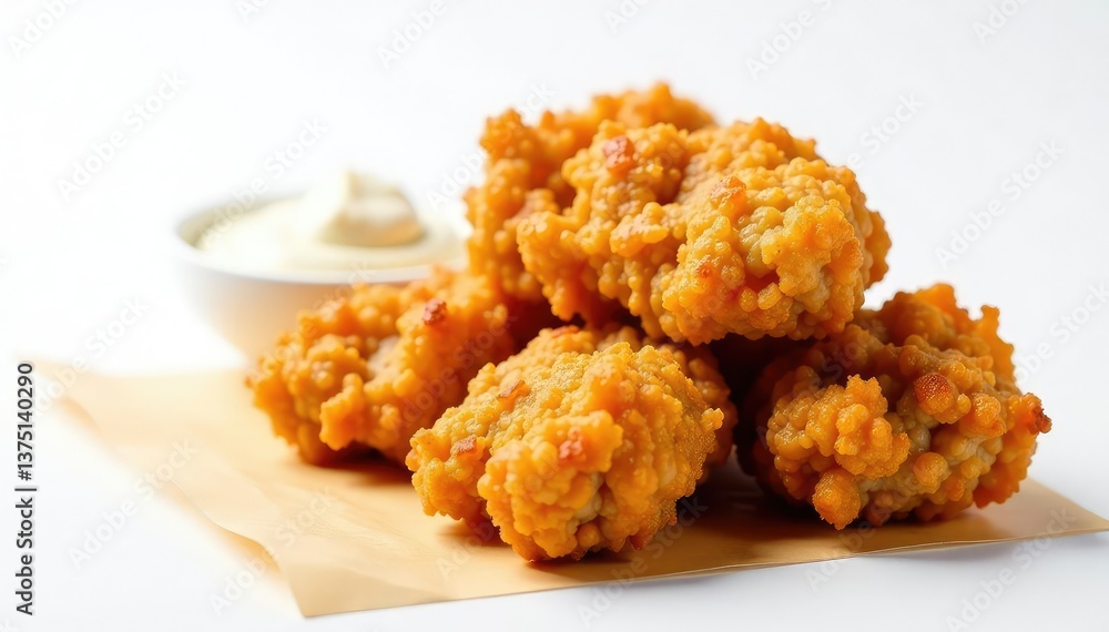 Close-up of crispy fried chicken on white background, unhealthy, crispy chicken, food photography Close-up of crispy fried chicken on white background, unhealthy, crispy chicken, food photography