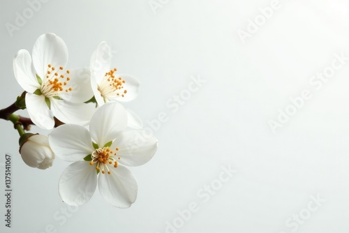 Delicate white blossoms against pure white backdrop, ethereal, white