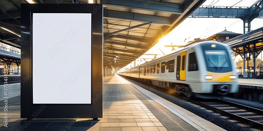 High-speed train arriving at a railway station with a blank advertisement board in the foreground, perfect for commercial mockups, branding, and transportation themes
High-speed train arriving at a railway station with a blank advertisement board in the foreground, perfect for commercial mockups, branding, and transportation themes