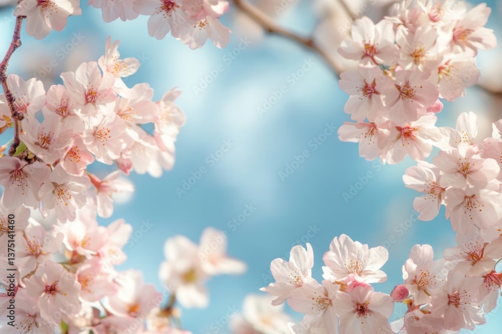 Obraz premium 春の空の下で咲く美しい桜の花々がもたらす穏