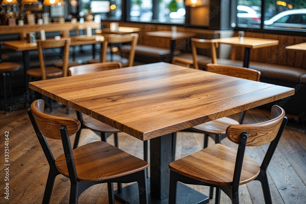 Stylish Square Oak Dining Table in Well-Lit Cafe with Cozy Atmosphere and Beautiful Wood Grain Stylish Square Oak Dining Table in Well-Lit Cafe with Cozy Atmosphere and Beautiful Wood Grain