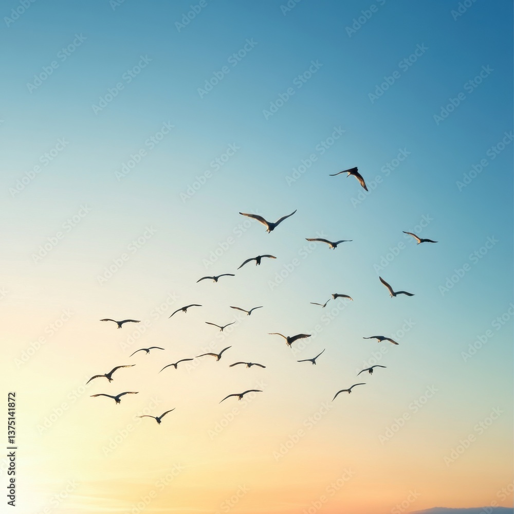 Obraz premium Flock of Birds Flying Against Beautiful Sunset Sky Background