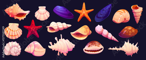 Cartoon seashells, mussels and starfish of vector ocean beach shellfish and underwater coral reef mollusk animals. Marine sea shells, conches, scallops and mussels, starfish, clams, horn snail, cowrie