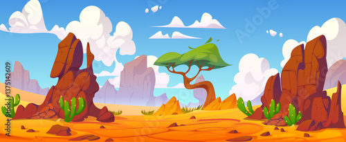 Cartoon Wild West mexican desert landscape with mountains, tree and cactus. Vector Western and Wild West game level background with cartoon nature scene. Hot sand desert landscape of rocky canyon