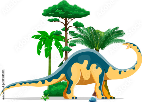 Melanorosaurus prehistoric dinosaur character. Isolated cartoon vector colorful dino animal reptile with long neck and tail, standing in a tropical forest landscape with palm trees and rocks on field