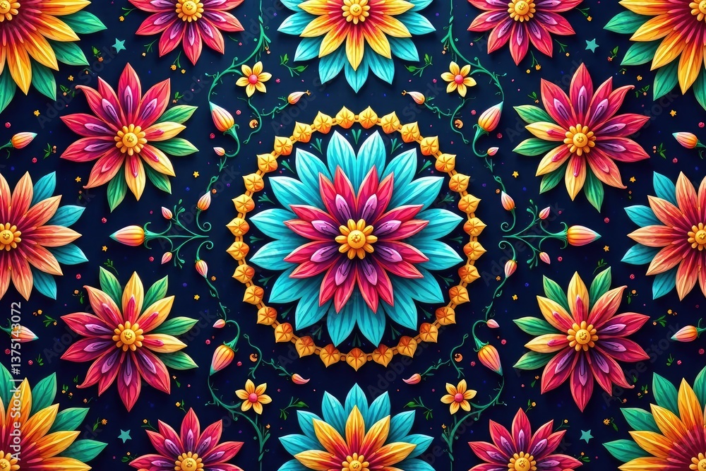 Intricate floral design repeats seamlessly across a vibrant background , dark, textile Intricate floral design repeats seamlessly across a vibrant background , dark, textile