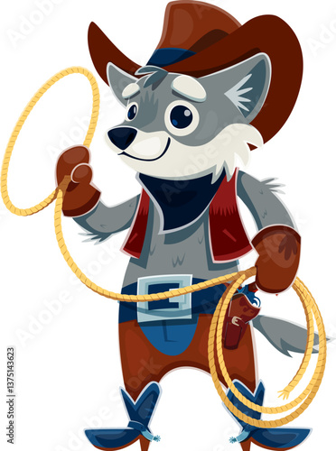 Cartoon wolf wild west animal cowboy and sheriff, ranger and bandit character spinning a lasso. Vector rancher in wide brimmed hat, boots and holster capturing playful woodland vibe with western twist