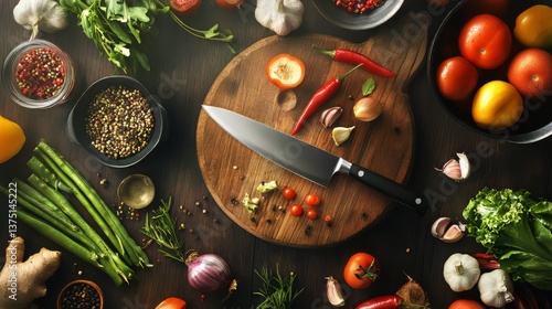 Wallpaper Mural Preparation of food, vegetables and spices on a wood table with a kitchen knife on a cutting board. Torontodigital.ca