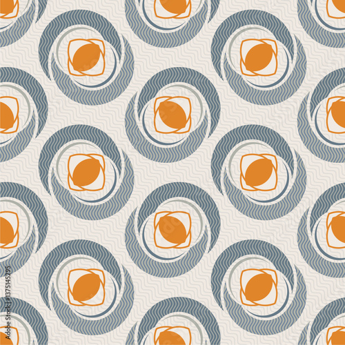 Modern Geometric Swirl Pattern Seamless Abstract Digital Textile Design with Retro Blue and Orange Accents, Ideal for Fabric Printing, Home Decor, Wallpaper, and Creative Craft Projects.