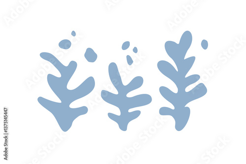 Seaweed silhouette and bubbles set of hand drawn doodle illustration. Underwater sea life summer holiday. Blue seaweed, algae design element set