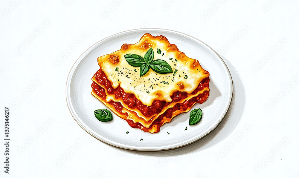Cheesy Italian Lasagna with Tomato Sauce and Basil Garnish on Plate Dinner Dish Cheesy Italian Lasagna with Tomato Sauce and Basil Garnish on Plate Dinner Dish