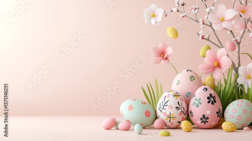 Springtime Easter scene with pastel colored eggs and flowers